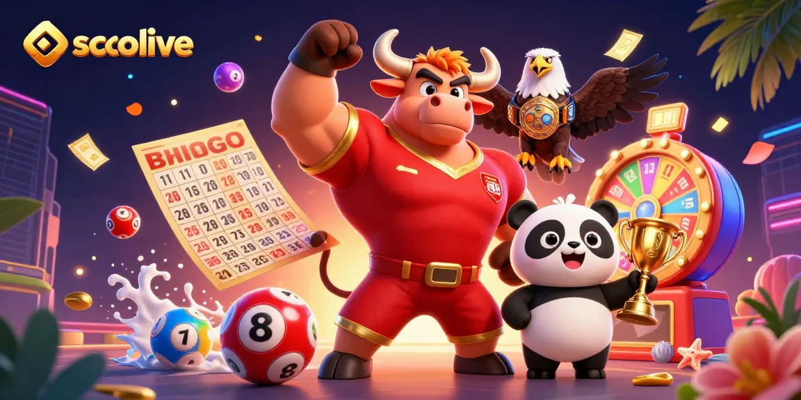 Socolive showcases a vibrant 3D scene with a bull mascot, eagle, and panda in a lively casino atmosphere featuring colorful lottery elements.