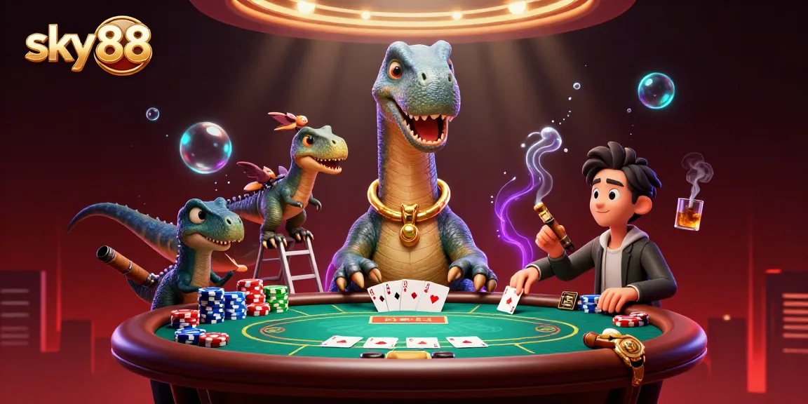 Experience the thrill at sky88 as a raptor expertly deals poker cards beneath a towering brontosaurus.