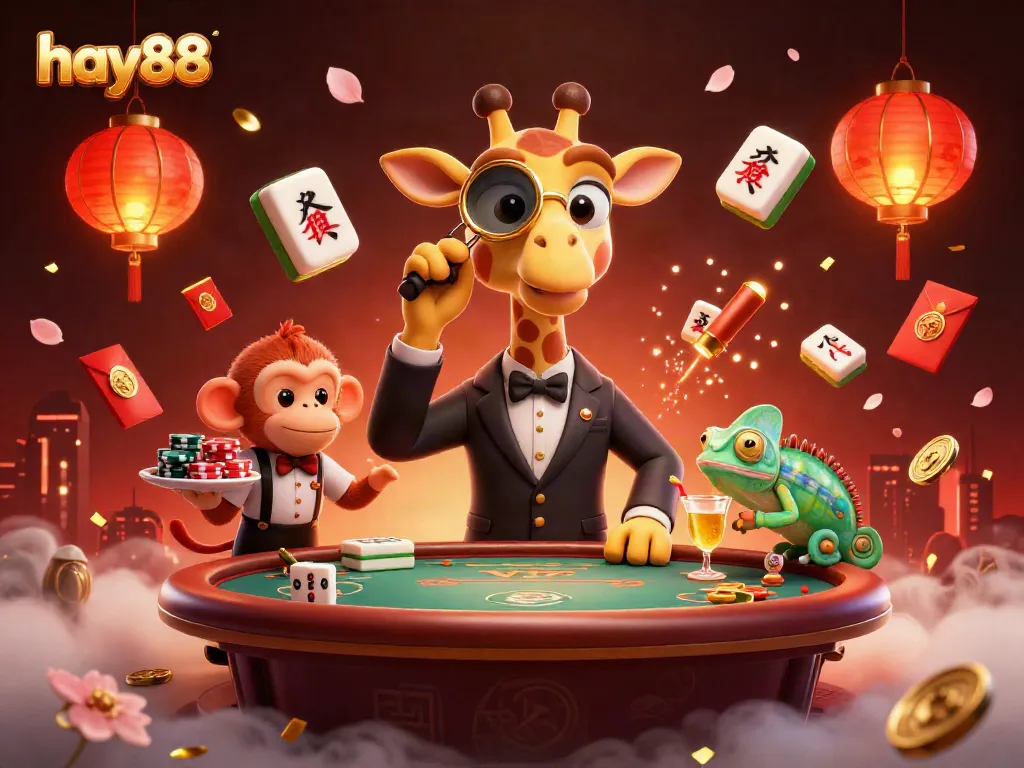 Experience thrilling gambling at hay88 with a vibrant casino scene featuring a giraffe high-roller and a monkey valet.
