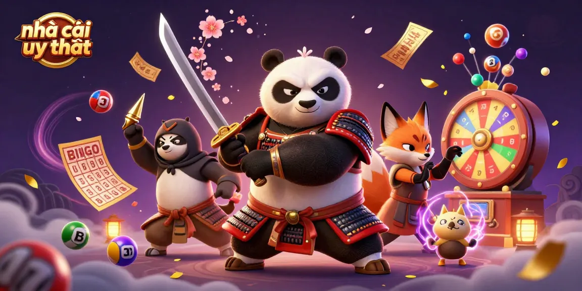 Experience thrilling action with nhà cái uy tín featuring a samurai panda and ninja fox in vibrant casino scene.