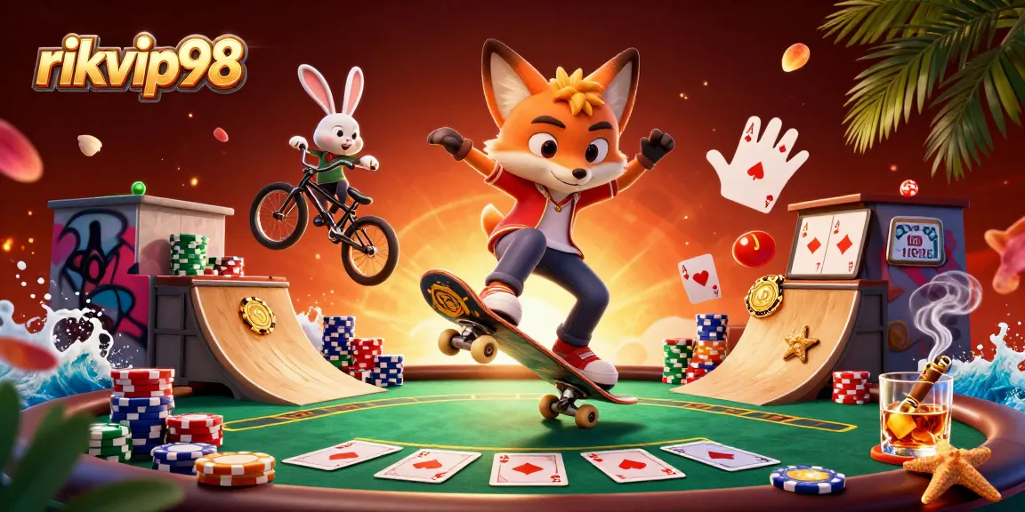 Engage with dynamic gaming action at rikvip98, featuring a fox and rabbit in a vibrant casino scene.