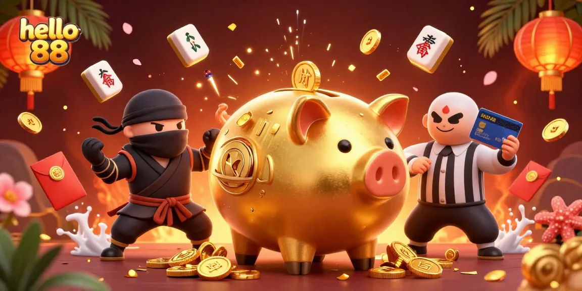 Play thrilling games at hello 88 with the giant golden piggy bank and dynamic gaming elements.