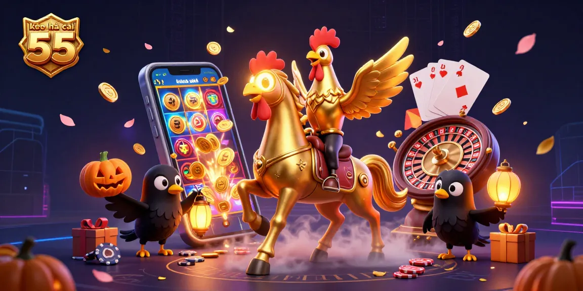 Experience the thrill of kèo nhà cái 55 with a lively 3D casino scene featuring a golden rooster!
