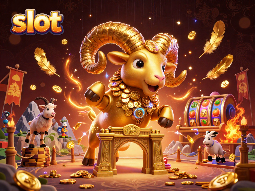 Engage with slot gaming excitement in this vibrant 3D cartoon scene featuring a golden ram.