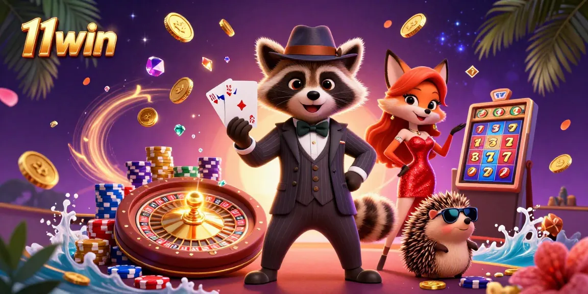 Experience the thrill of 11win with charming characters in a dynamic casino scene filled with sparkling gems and gold.