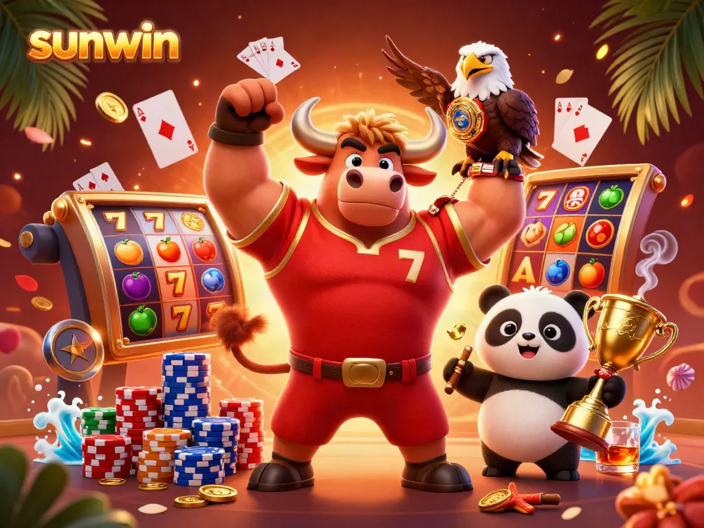 Join the victory with sunwin as the bull mascot celebrates alongside the eagle champion and trophy panda in a vibrant casino scene.
