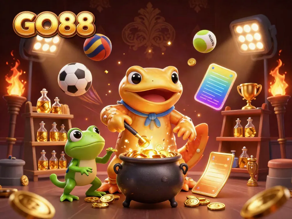 Experience thrilling gameplay at GO88 with dynamic sports elements and a golden alchemist scene.