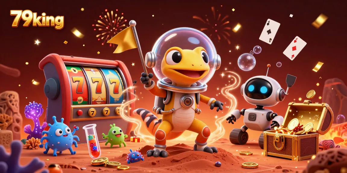 Engage with 79king at a vibrant casino scene featuring a Martian gecko and colorful slot reels.