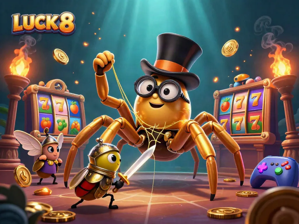 LUCK 8 showcases a dynamic 3D cartoon scene with slot reels, a golden tarantula, and beetle knight amidst vibrant casino elements.
