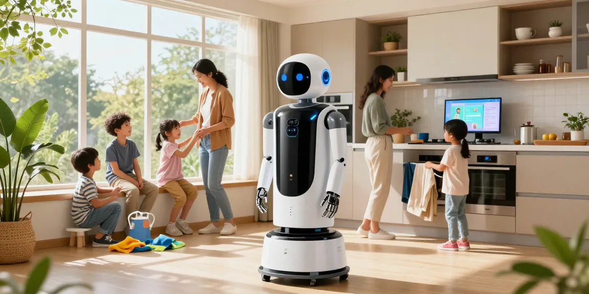 Home robot assisting family with chores in a bright, modern kitchen.