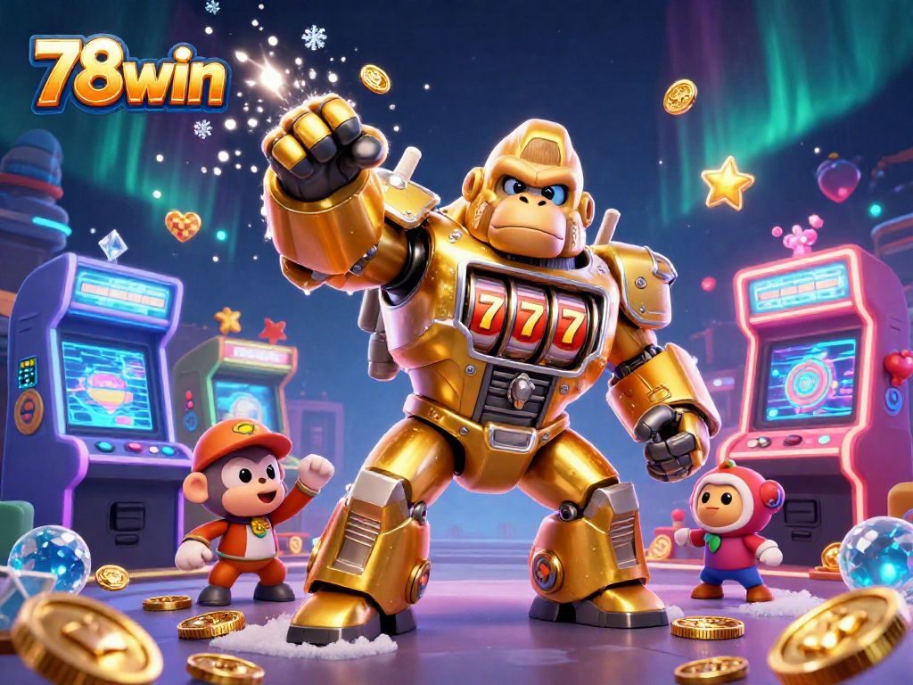 Experience the excitement of 78win with a dynamic 3D casino illustration featuring a gorilla mech.