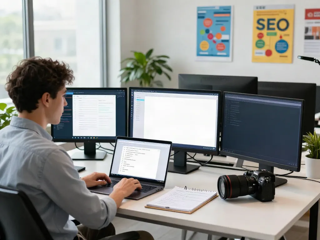 SEO specialist using instant indexing tools in a modern workspace.