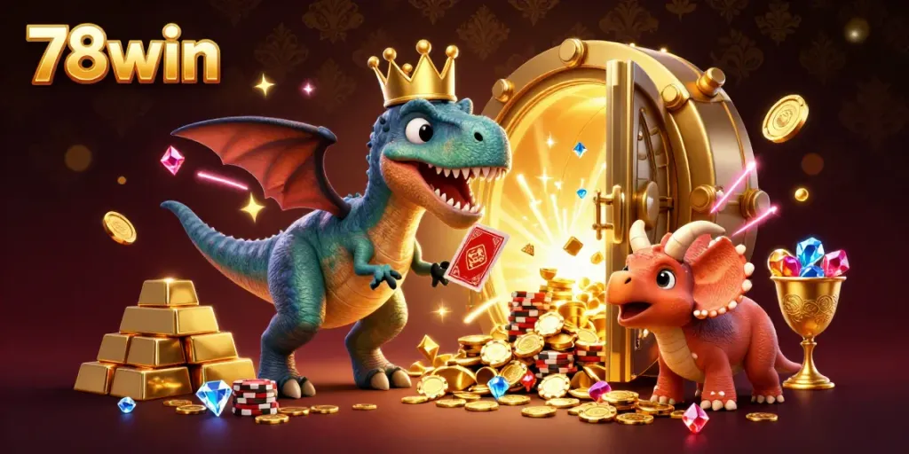 Experience thrilling action in 78win with a T-Rex shuffling cards, surrounded by gold and jewels.