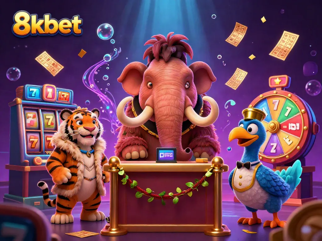 Experience thrilling slot games with 8xbet, showcased by a vibrant casino scene featuring engaging characters and game elements.