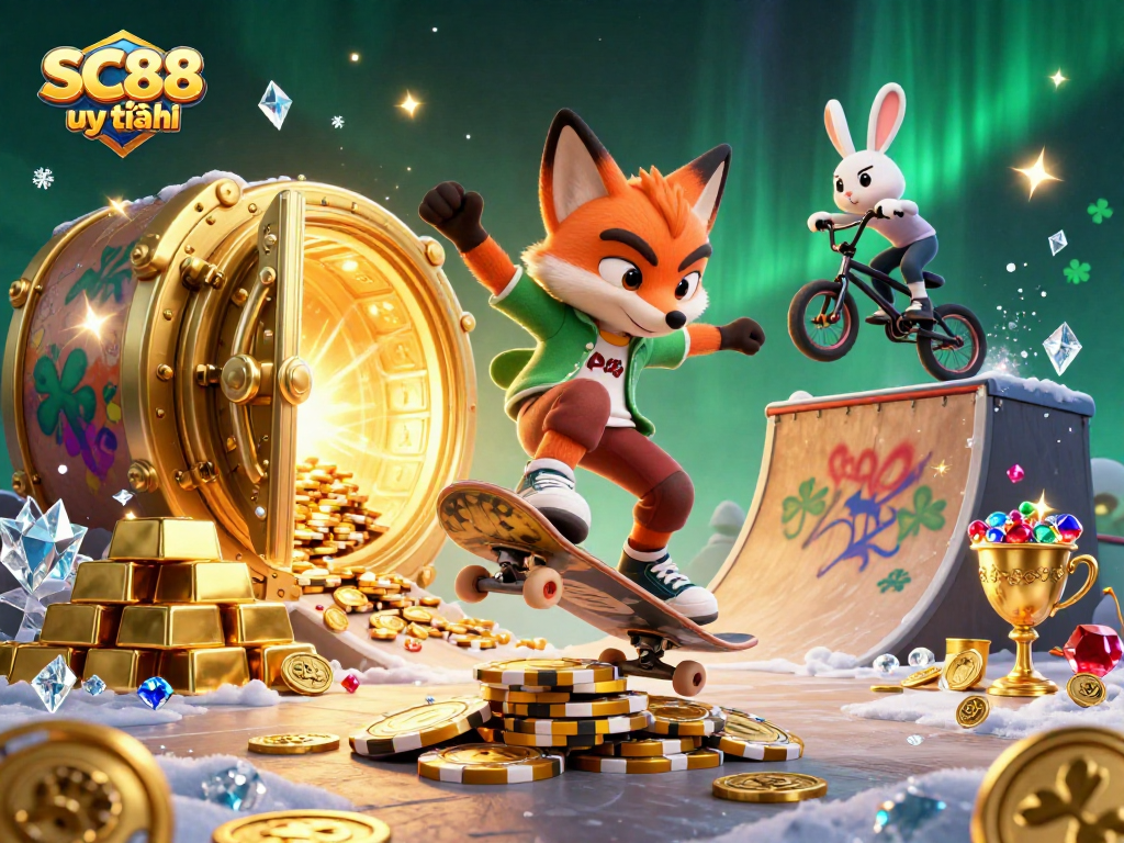 Bet big with SC88 uy tín in a vibrant 3D illustration showcasing a skateboarder fox and BMX rabbit in a lively casino scene.