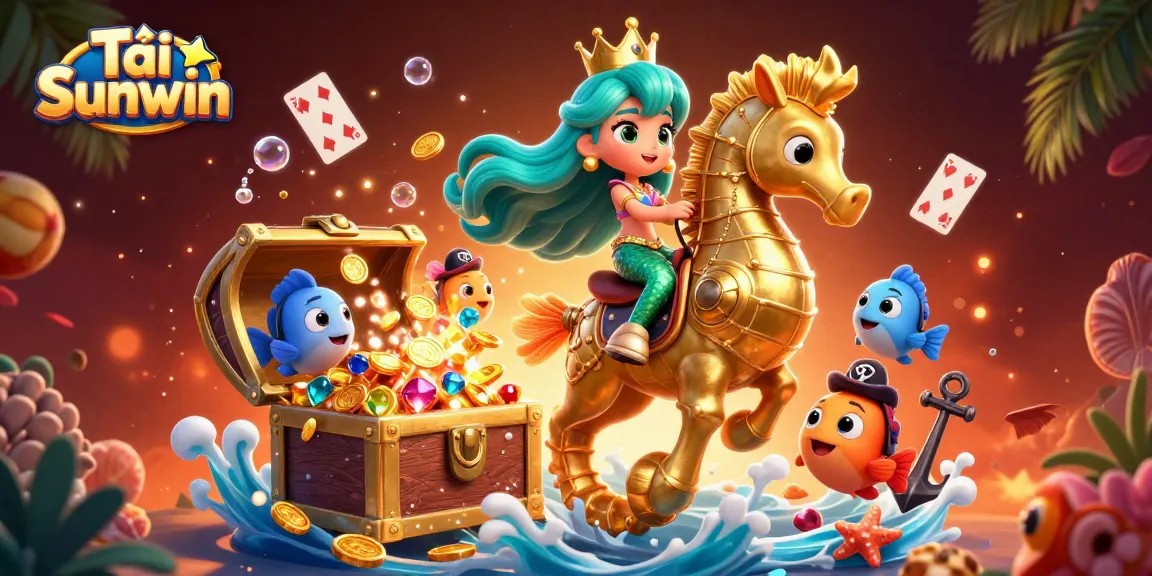 Tải Sunwin and enjoy vibrant casino action with a mermaid princess, seahorse, and pirate fish in a magical underwater scene.