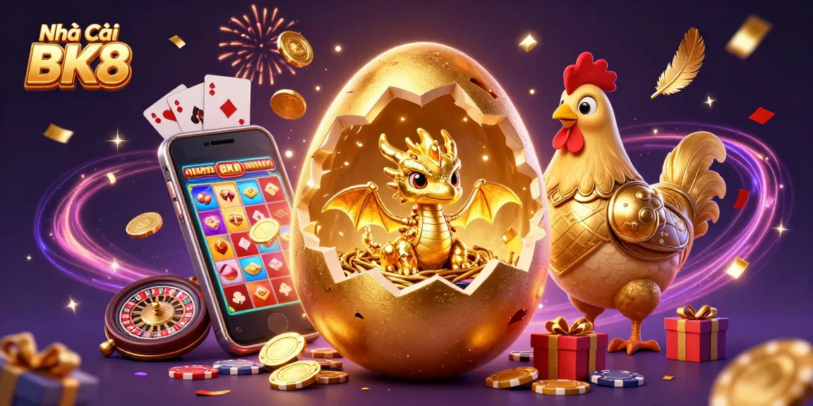 Experience fun at Nhà Cái BK8 with golden dragon, poker chips, and exciting gaming elements.