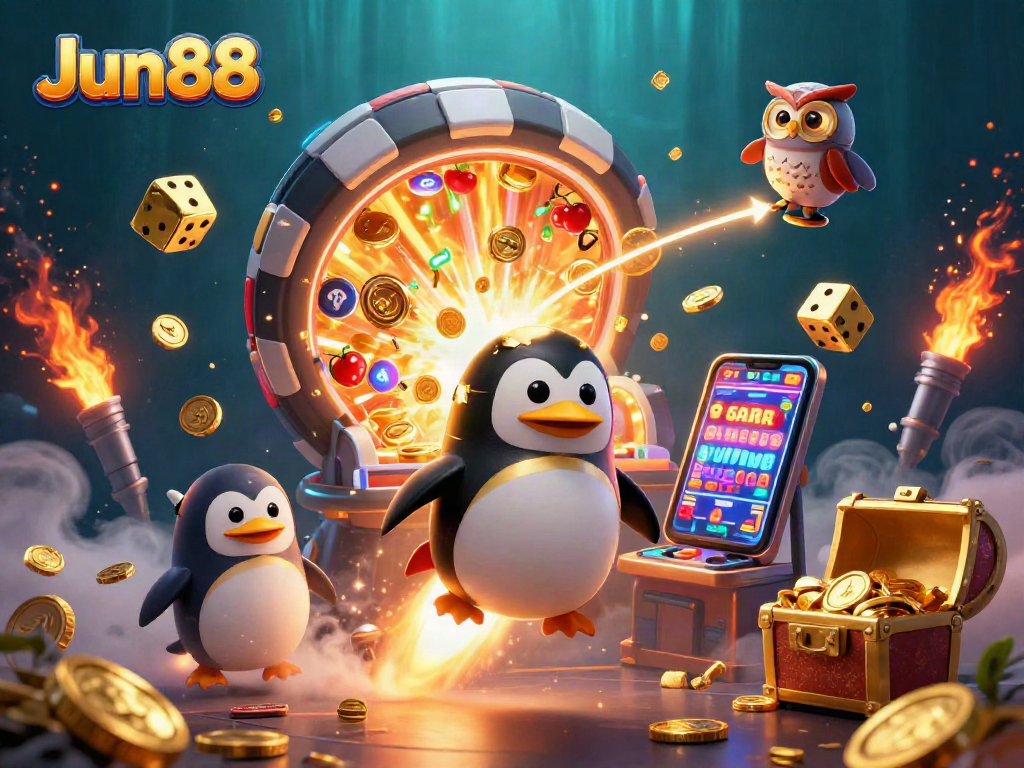 Experience thrilling gaming with Jun88 featuring a penguin and golden slots bursting with coins.
