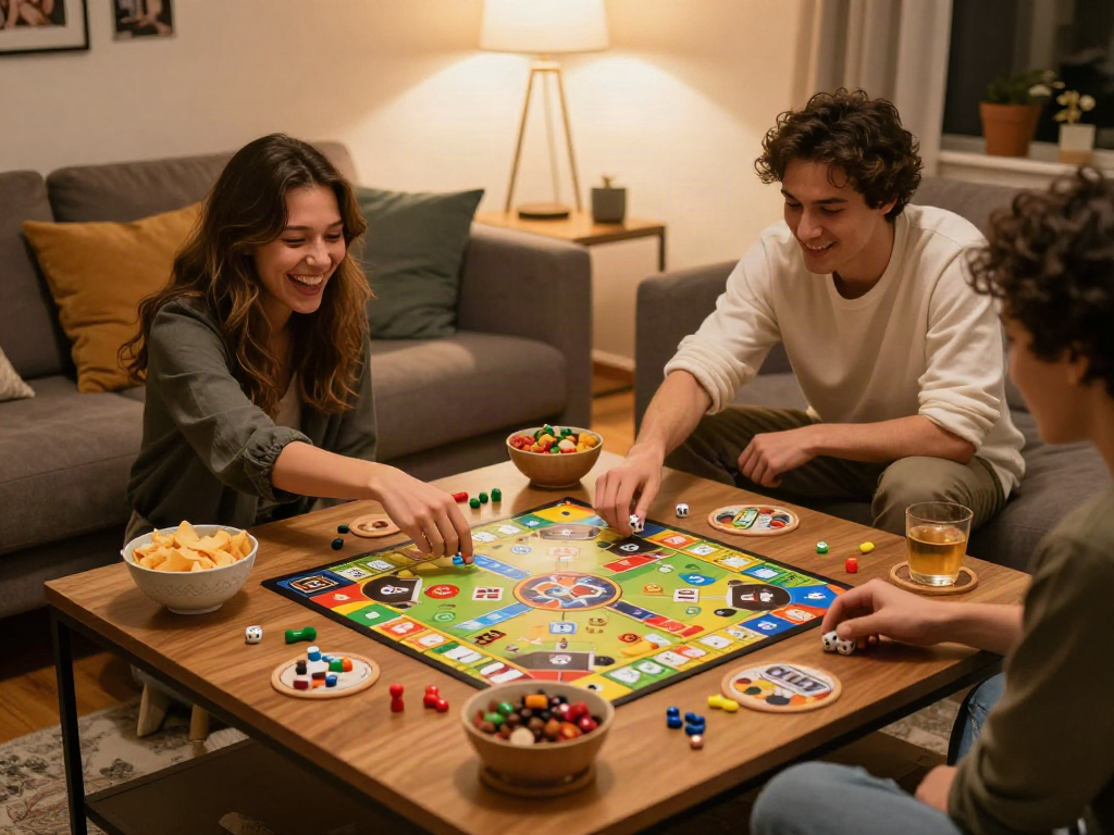 Couples enjoying a fun sex game on a cozy game night, showcasing laughter and connection.