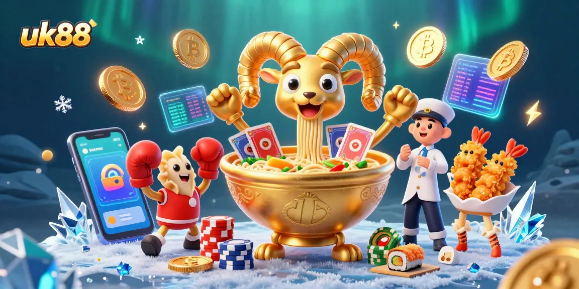 Engage in exciting casino action with the vibrant uk88 characters surrounded by neon crypto elements.