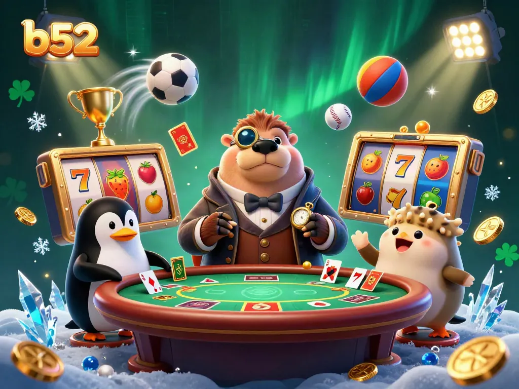 Experience thrilling gameplay at b52 with an engaging 3D illustration of a jolly walrus and dealer at an immersive casino.
