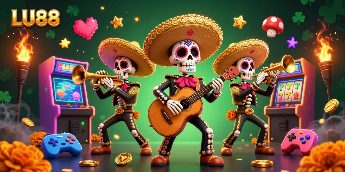 Play vibrant LU88 slots with Day of the Dead mariachi band amidst colorful arcade elements.
