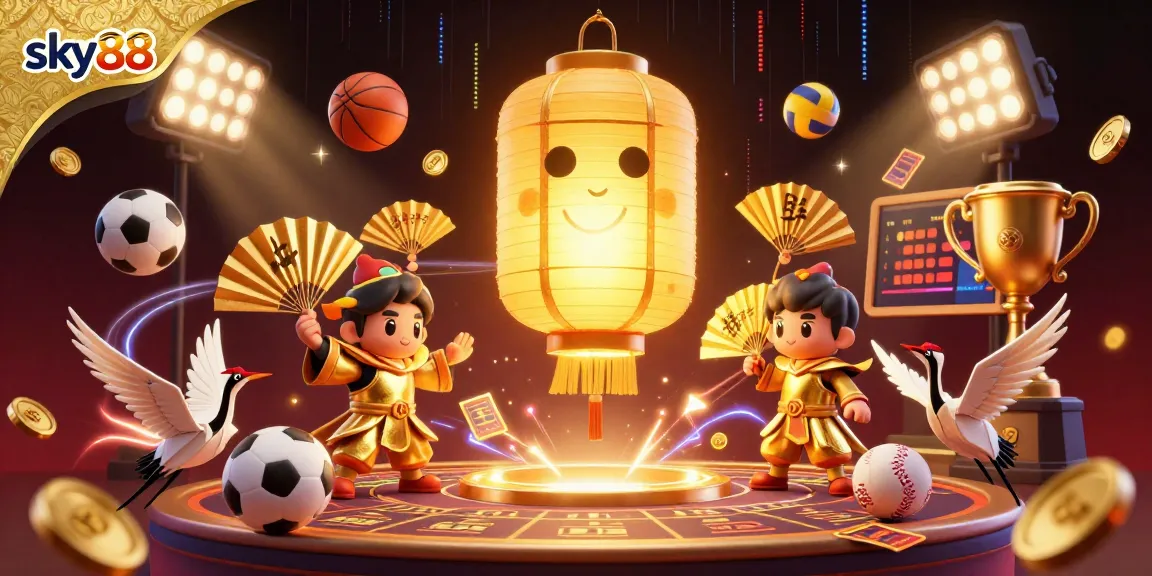 Experience the magic of sky88 gaming with a vibrant 3D illustration featuring dynamic elements and exciting casino characters.