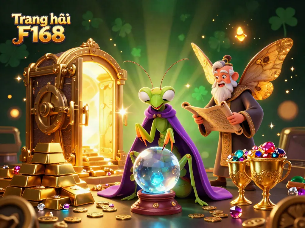 Experience the thrill of Trang chủ F168 as whimsical characters unveil treasures within a vibrant casino backdrop.