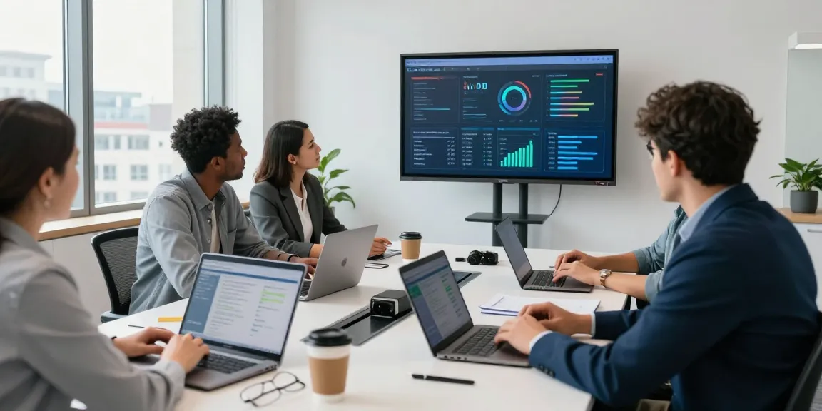 Team discussing it support for small business in a bright office setting with laptops and data visuals.