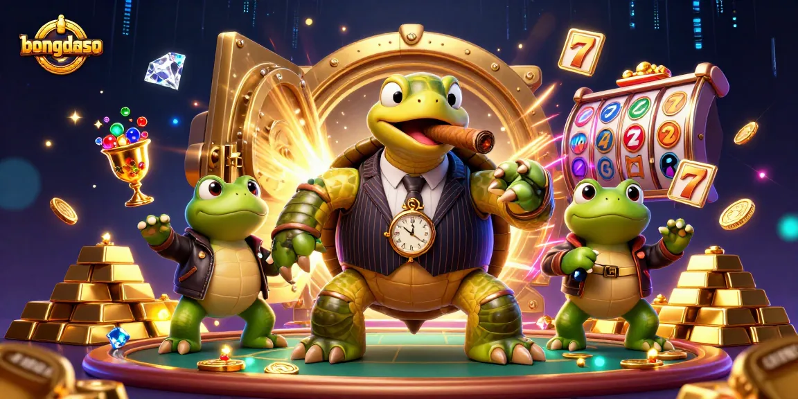 Bongdaso brings thrilling casino adventures with a 3D cartoon turtle in a mobster theme, amidst rich gambling symbols.