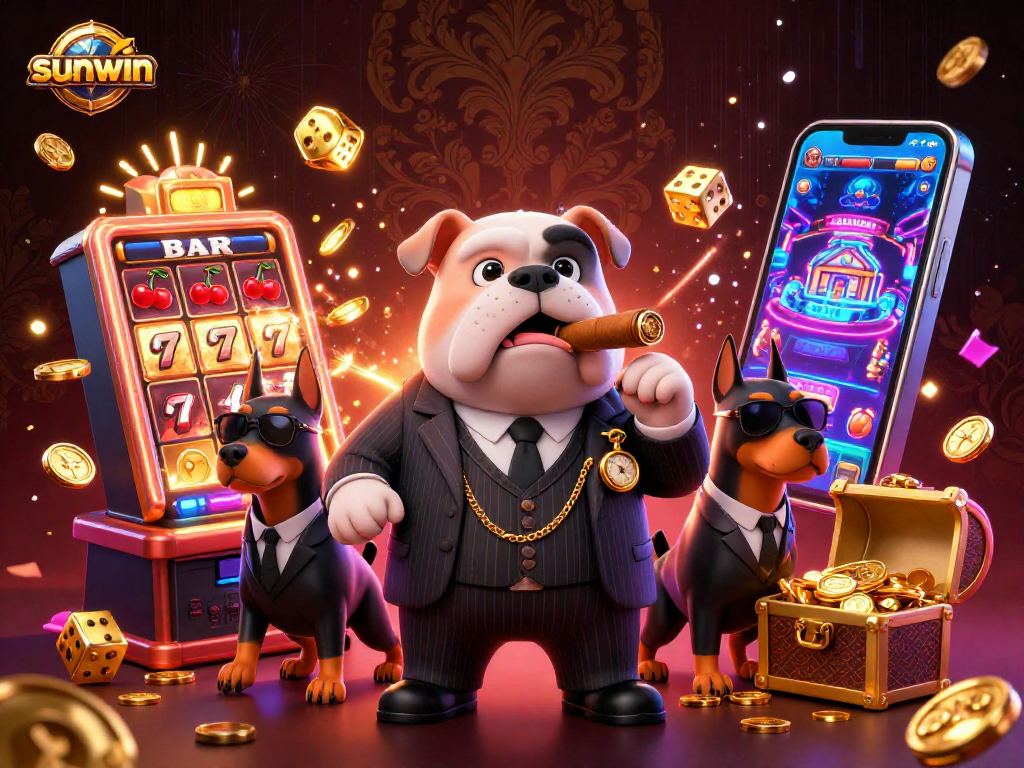 Experience excitement at sunwin with a mafia-themed casino scene featuring jackpots and casino game elements.