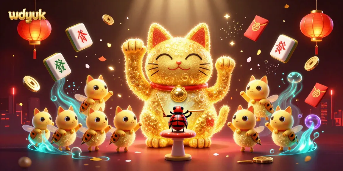 wdyuk showcases vibrant 3D illustration of a golden lucky cat amidst dynamic casino symbols.
