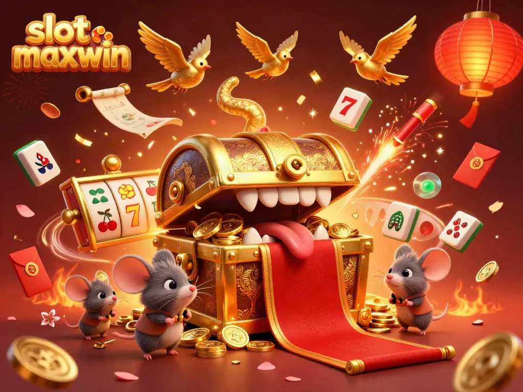 Experience the thrill of slot maxwin with a vibrant treasure-filled scene featuring engaging characters.