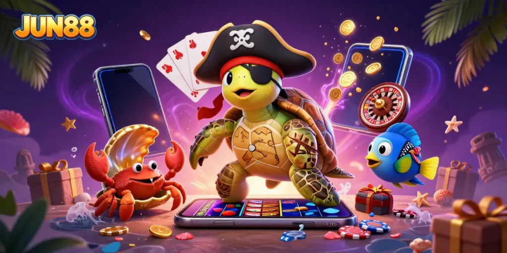 Experience the thrill of JUN88 with a vibrant 3D casino scene featuring pirate characters and gaming elements.