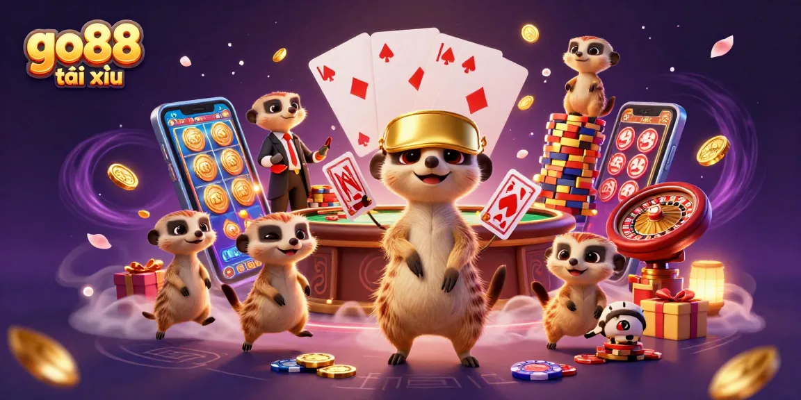 Experience thrilling action with meerkats in a lively go88 tài xỉu casino scene, capturing the excitement of gaming.