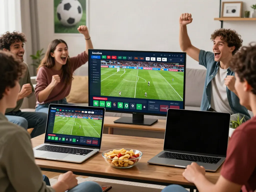 Socolive live football match viewing experience in a cozy living room with engaging friends.