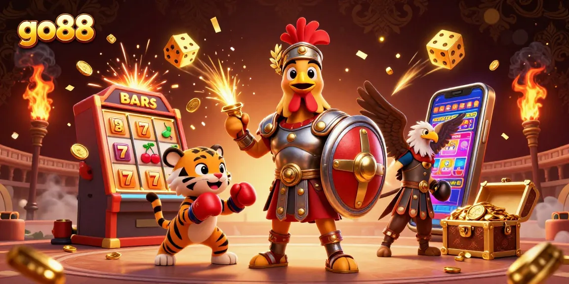 Experience the thrill of go88 gaming with a dynamic illustration featuring a rooster, tiger cub, and vibrant casino elements.
