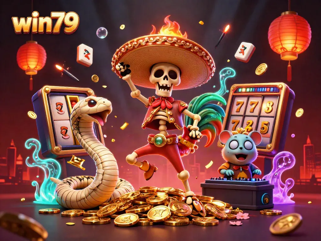 Experience exhilarating wins at win79 casino with vibrant characters enjoying a victory dance amid golden coins and festive elements.