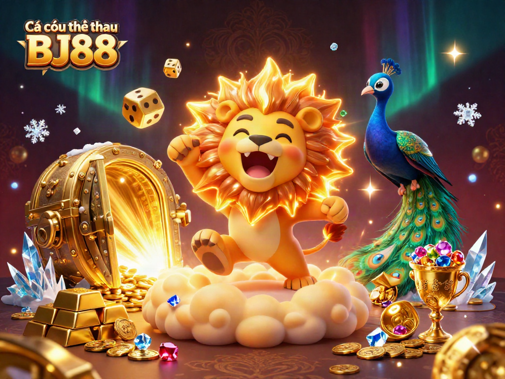 Cá cược thể thao BJ88 with dynamic casino elements featuring a roaring sun lion and golden treasures.