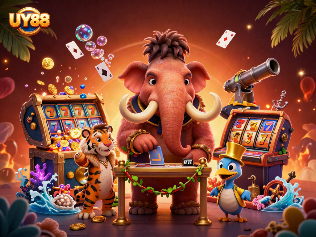 Experience UY88's vibrant casino world featuring dynamic 3D characters and exciting game elements.