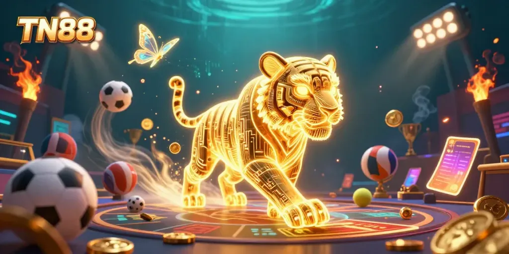 Engage in thrilling gameplay with TN88, featuring a neon tiger in a vibrant casino landscape.