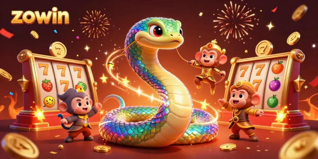 Zowin's vibrant casino scene features a rainbow serpent and monkey king amidst slot reels and gold coins.