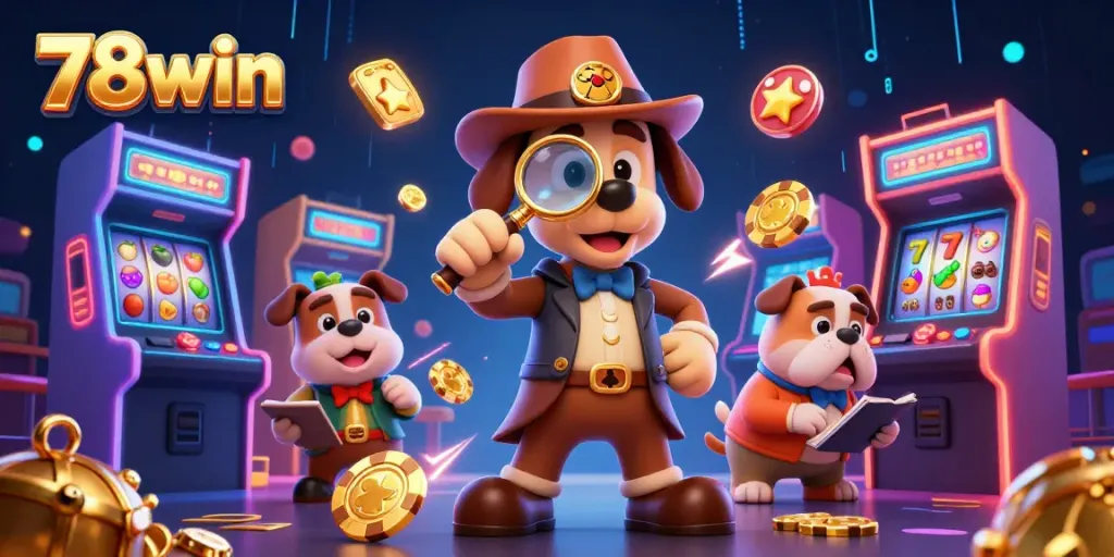 Experience the excitement of 78win with a detective theme featuring poker chips and arcade machines.