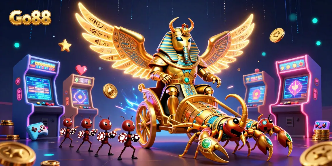 Engage in thrilling games at Go88 with the dynamic scene of a golden scarab beetle in a casino.