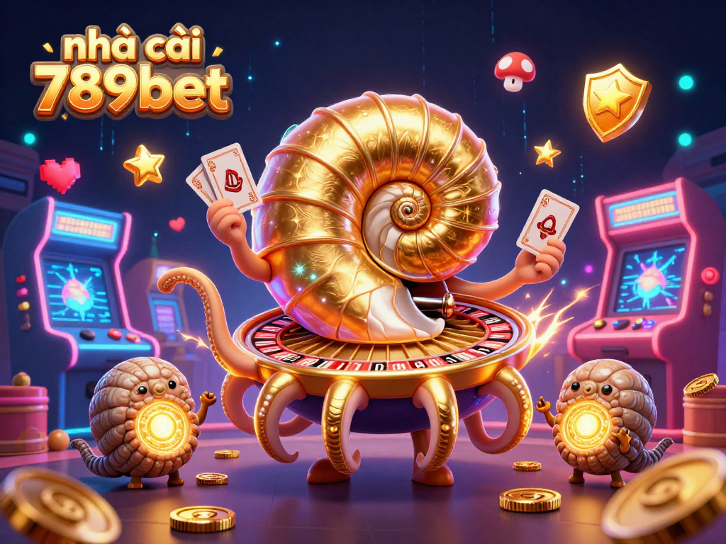 Engage with nhà cái 789bet, featuring a giant nautilus roulette wheel and glowing game machines.