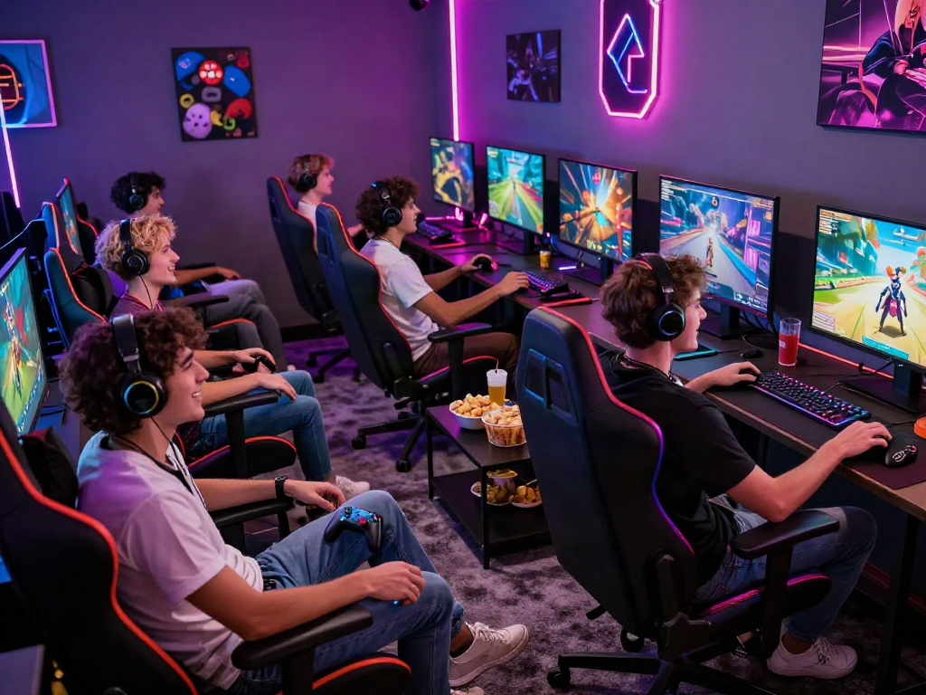 Friends enjoying an adult game night in a vibrant gaming lounge with colorful lighting and snacks.