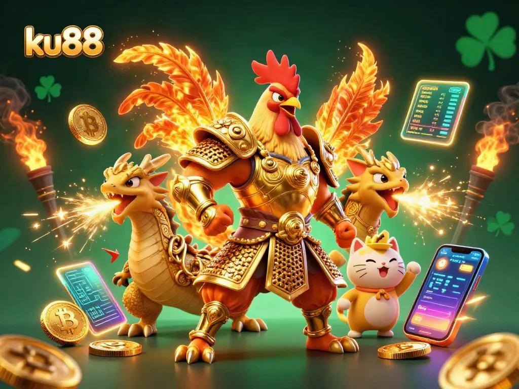 ku88 casino warriors battle in vibrant 3D illustration showcasing fighting rooster, dragon, and crypto elements.