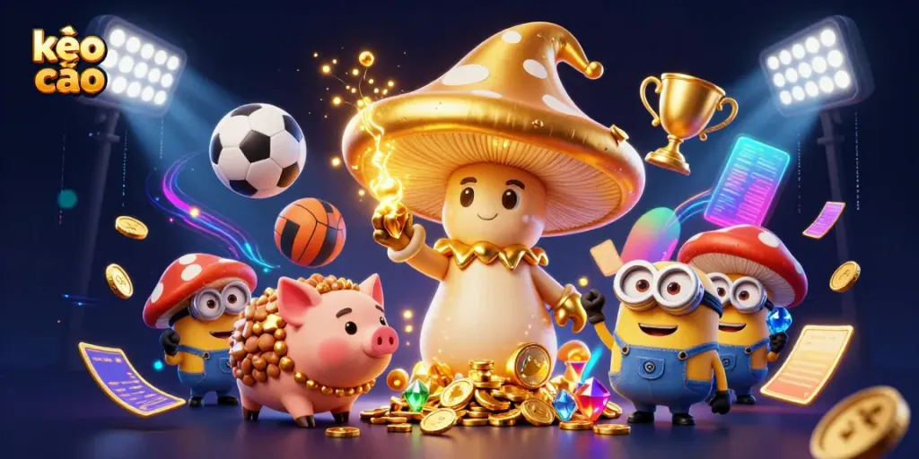Experience kèo nhà cái magic with a wizard turning sports into gold in vibrant 3D illustration.