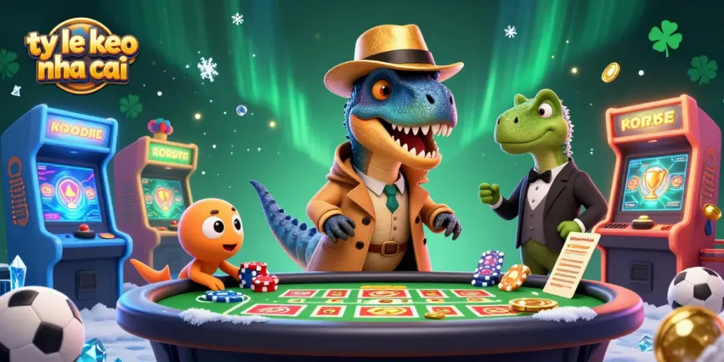 Engage with ty le keo nha cai at an animated sports betting table with vibrant, cartoonish characters.