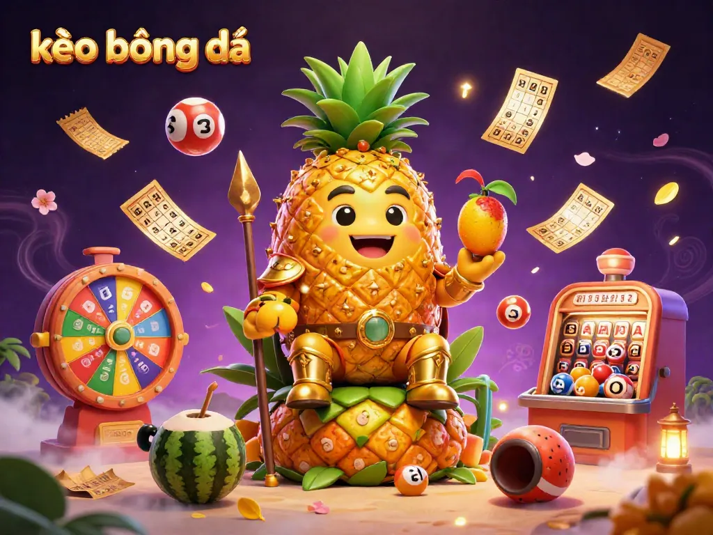 Engage with kèo bóng đá in a vibrant casino scene featuring a golden pineapple king, coconut guardians, and a juggling mango jester.